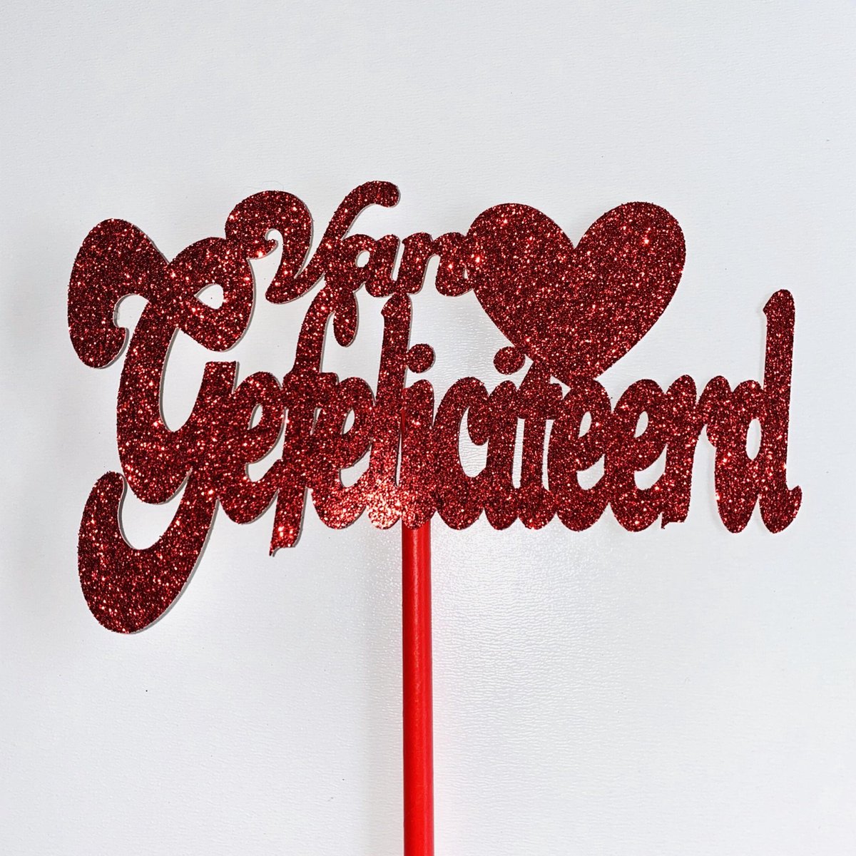 Taarttopper| Cake topper |Gefeliciteerd| Verjaardag| Hart |Rood glitter|16 cm| karton